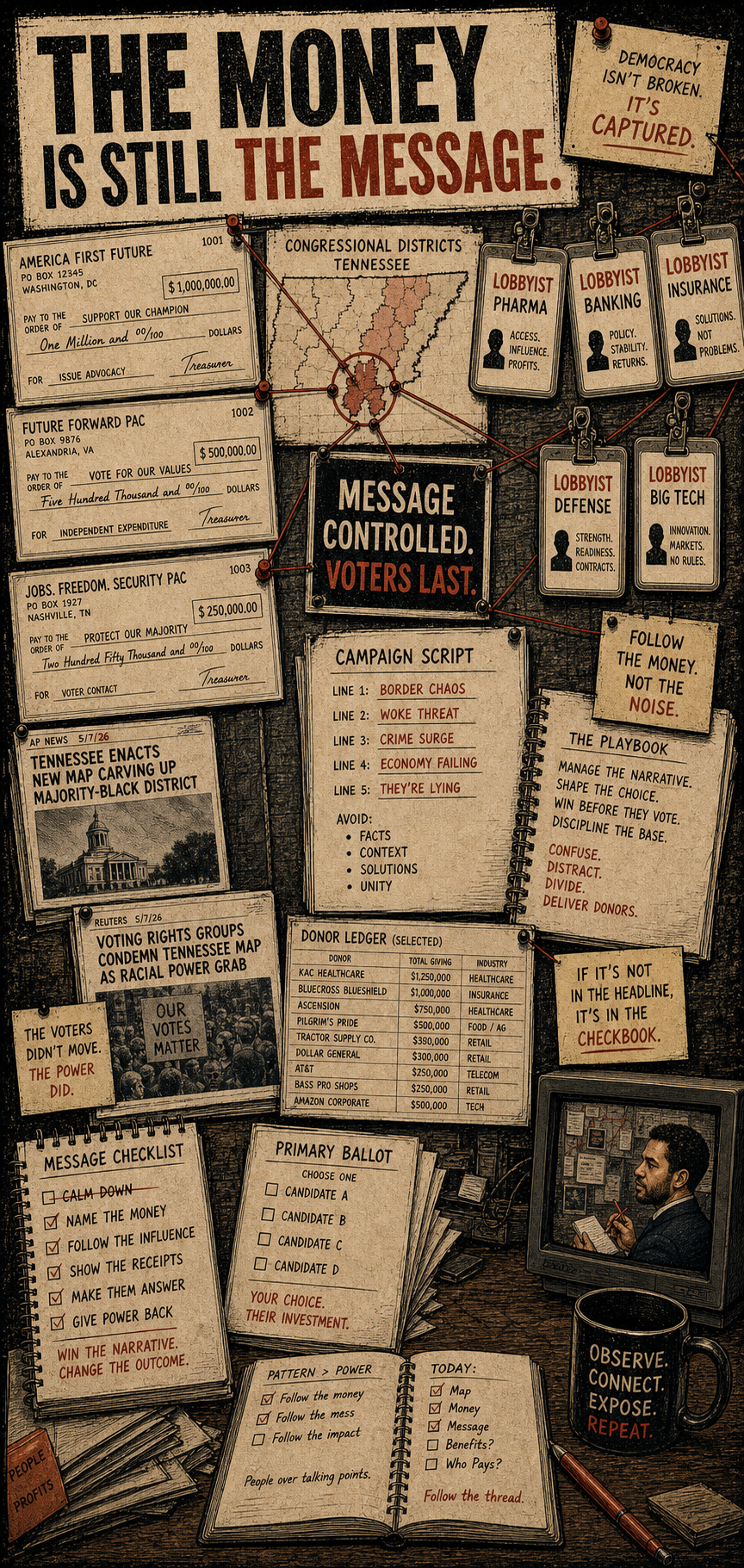 A small illustrated reporter figure investigates a newsroom war room with PAC checks, donor trails, and a campaign script board showing how money shapes the message.