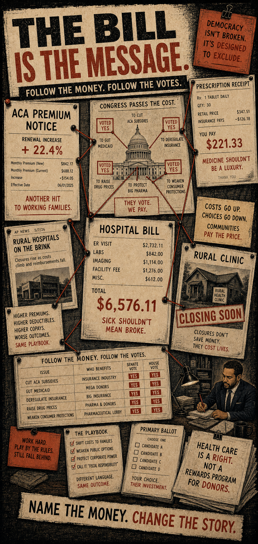 A small illustrated reporter figure investigates a newsroom health-care squeeze scene with a premium notice, hospital bill, prescription receipt, and rural clinic sign.