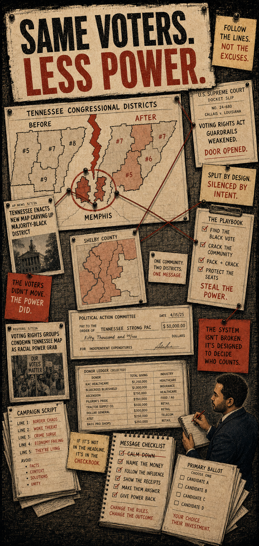A small illustrated reporter figure investigates a newsroom wall-map scene showing Memphis split into pieces, with the Tennessee map cut apart and the Court docket pinned beside it.